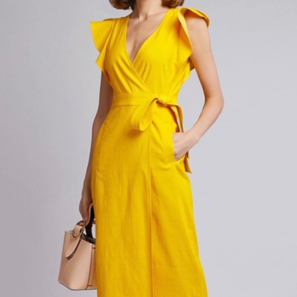 NWT A.L.C Yellow Walker Ruffled Shoulder Midi Dress Size 4